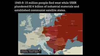 1945-9: 15 million people fled west while USSR
plundered $14 billion of industrial materials and
established communist satellite states.
 