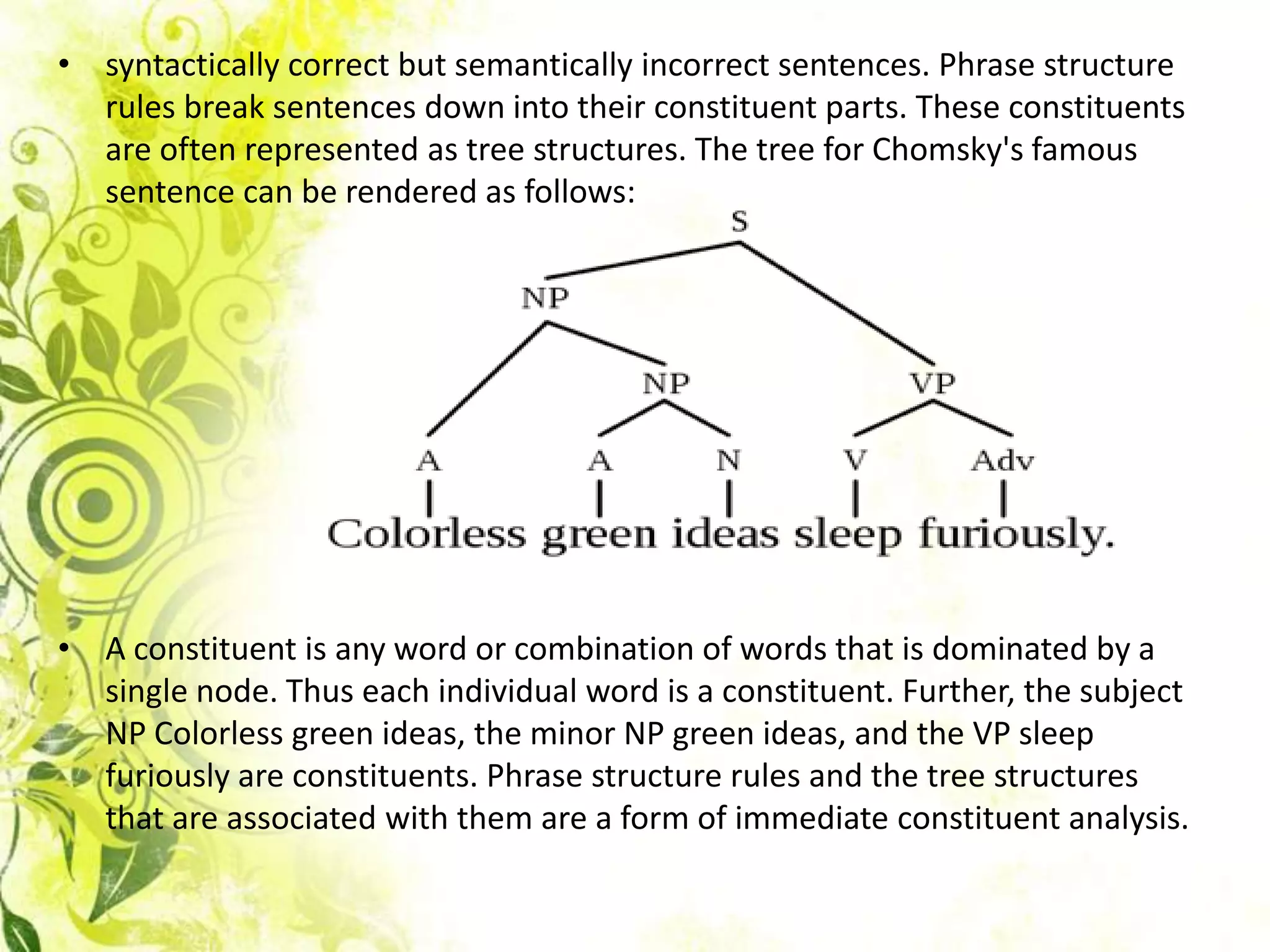 • syntactically correct but semantically incorrect sentences. Phrase structure
  rules break sentences down into their constituent parts. These constituents
  are often represented as tree structures. The tree for Chomsky's famous
  sentence can be rendered as follows:




• A constituent is any word or combination of words that is dominated by a
  single node. Thus each individual word is a constituent. Further, the subject
  NP Colorless green ideas, the minor NP green ideas, and the VP sleep
  furiously are constituents. Phrase structure rules and the tree structures
  that are associated with them are a form of immediate constituent analysis.
 