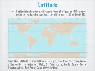Latitude
      Latitude is the angular distance from the Equator (0º) to any
      point in the Earth´s surface. It could be north (N) or South (S)




Find the latitude of the follow cities, you can look for them in an
atlas or in the internet. Oslo, St Petersburg, Paris, Cairo, Quito,
Buenos Aires, Sâo Paulo, Cape Town, Mijas.
 