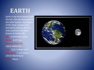 EARTH
Earth is the third planet from
the Sun, the densest planet in
the Solar System, the largest
of the Solar System's four
terrestrial planets, and the
only astronomical object
known to harbor life.
Age: 4.543 billion years
Radius: 6,371 km
Distance from Sun:
149.6 million km
Area: 510.1 million km²
Population: 7.125 billion
(2013) World Bank
Moon: Moon
 