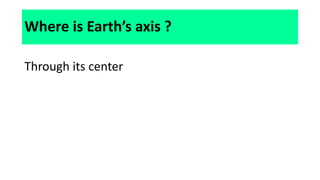 Where is Earth’s axis ?
Through its center
 