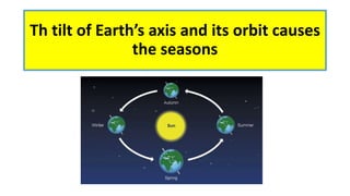 Th tilt of Earth’s axis and its orbit causes
the seasons
 