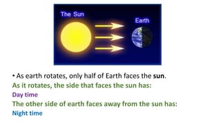• As earth rotates, only half of Earth faces the sun.
As it rotates, the side that faces the sun has:
Day time
The other side of earth faces away from the sun has:
Night time
 