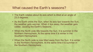What caused the Earth’s seasons?
▪ The Earth rotates about its axis which is tilted at an angle of
23.5 degrees.
▪ As the Earth orbits the Sun, when its axis tips towards the Sun,
the weather gets warmer. When it tips away, the weather gets
colder, causing the Earth’s Seasons.
▪ When the North pole tilts towards the Sun. It is summer in the
Northern Hemisphere. At the same time it is winter in the
Southern Hemisphere.
▪ When the North pole is now tilted away from the Sun. It is winter
in the Northern Hemisphere. At the same time it is summer in
the Southern Hemisphere.
 