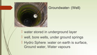 Groundwater- (Well)
 water stored in underground layer
 well, bore wells, under ground springs
 Hydro Sphere :water on ...