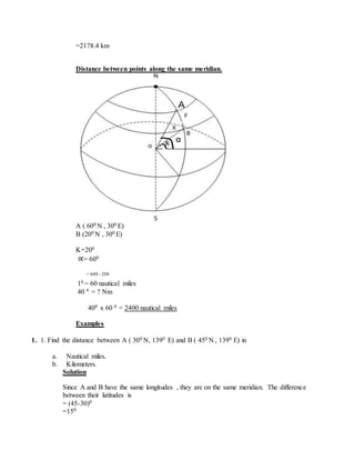=2178.4 km
Distance between points along the same meridian.
A ( 600 N , 300 E)
B (200 N , 300 E)
K=200
∝= 600
= 600 - 200
10 = 60 nautical miles
40 0 = ? Nm
400 x 60 0 = 2400 nautical miles
Examples
1. 1. Find the distance between A ( 300 N, 1390 E) and B ( 450 N , 1390 E) in
a. Nautical miles.
b. Kilometers.
Solution
Since A and B have the same longitudes , they are on the same meridian. The difference
between their latitudes is
= (45-30)0
=150
 