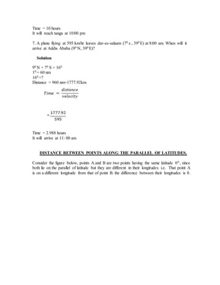 Time = 10 hours
It will reach tanga at 10:00 pm
7. A plane flying at 595 km/hr leaves dar-es-salaam (70 s , 390 E) at 8:00 am. When will it
arrive at Addis Ababa (90 N, 390 E)?
Solution
90 N + 70 S = 160
10 = 60 nm
160 =?
Distance = 960 nm=1777.92km
Time = 2.988 hours
It will arrive at 11: 00 am
DISTANCE BETWEEN POINTS ALONG THE PARALLEL OF LATITUDES.
Consider the figure below, points A and B are two points having the same latitude 00 , since
both lie on the parallel of latitude but they are different in their longitudes i.e. That point A
is on a different longitude from that of point B. the difference between their longitudes is θ.
 