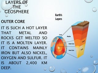 LAYERS OF
THE
GEOSPHERE
OUTER CORE
IT IS SUCH A HOT LAYER
THAT METAL AND
ROCKS GET MELTED SO
IT IS A MOLTEN LAYER.
IT CONTAINS MAINLY
IRON BUT ALSO NICKEL,
OXYGEN AND SULFUR. IT
IS ABOUT 2,400 KM
DEEP.
 