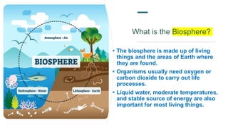 What is the Biosphere?
 The biosphere is made up of living
things and the areas of Earth where
they are found.
 Organisms usually need oxygen or
carbon dioxide to carry out life
processes.
 Liquid water, moderate temperatures,
and stable source of energy are also
important for most living things.
 