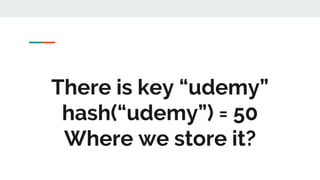 There is key “udemy”
hash(“udemy”) = 50
Where we store it?
 