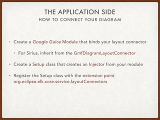 HOW TO CONNECT YOUR DIAGRAM
THE APPLICATION SIDE
• Create a Google Guice Module that binds your layout connector
• For Sirius, inherit from the GmfDiagramLayoutConnector
• Create a Setup class that creates an Injector from your module
• Register the Setup class with the extension point
org.eclipse.elk.core.service.layoutConnectors
 