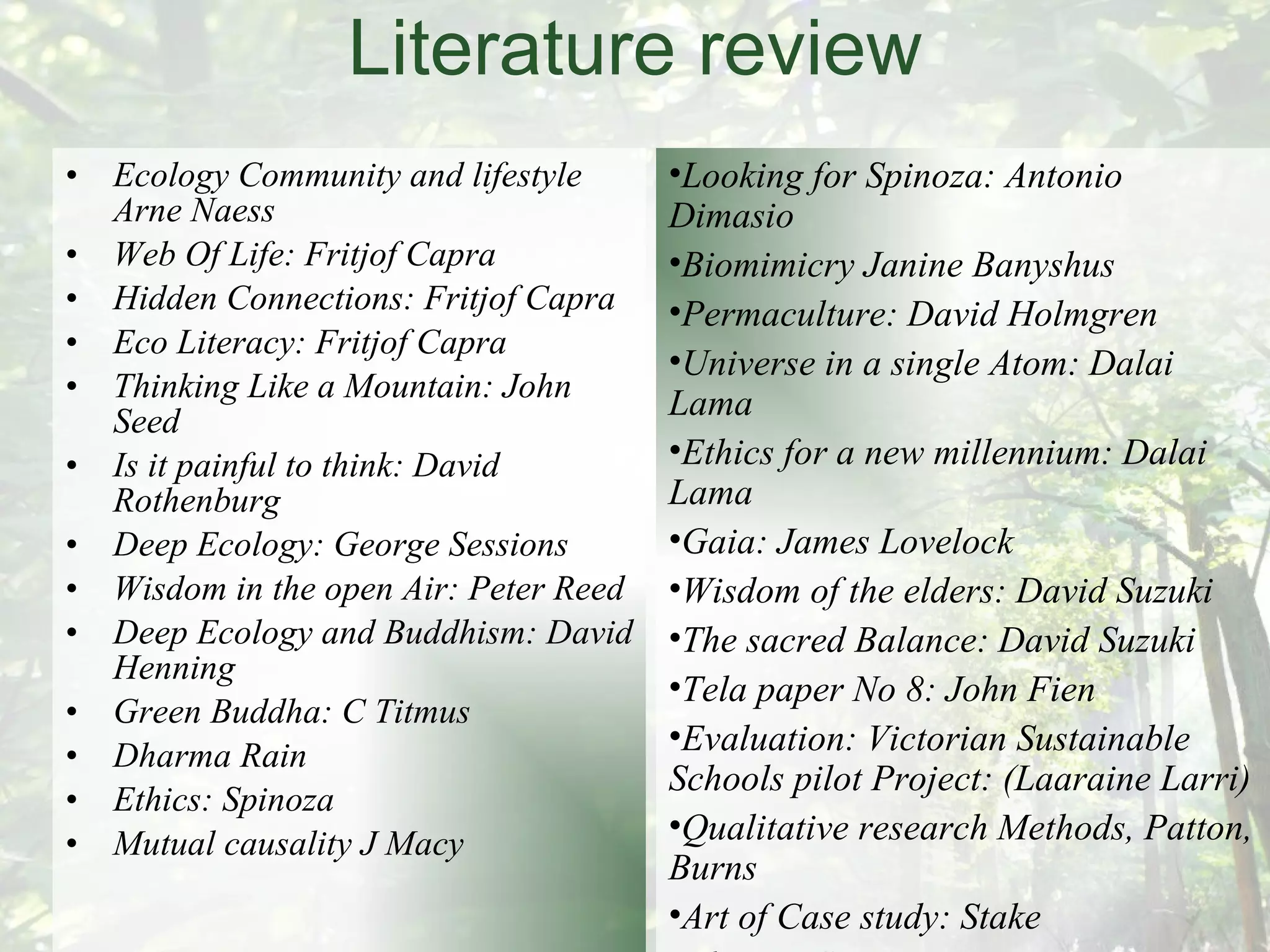 Literature review Ecology Community and lifestyle Arne Naess Web Of Life: Fritjof Capra Hidden Connections: Fritjof Capra Eco Literacy: Fritjof Capra Thinking Like a Mountain: John Seed Is it painful to think: David Rothenburg Deep Ecology: George Sessions Wisdom in the open Air: Peter Reed Deep Ecology and Buddhism: David Henning Green Buddha: C Titmus Dharma Rain Ethics: Spinoza Mutual causality J Macy Looking for Spinoza: Antonio Dimasio Biomimicry Janine Banyshus Permaculture: David Holmgren Universe in a single Atom: Dalai Lama Ethics for a new millennium: Dalai Lama Gaia: James Lovelock Wisdom of the elders: David Suzuki The sacred Balance: David Suzuki Tela paper No 8: John Fien Evaluation: Victorian Sustainable Schools pilot Project: (Laaraine Larri) Qualitative research Methods, Patton, Burns Art of Case study: Stake Dharma Gaia: 