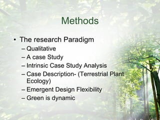 Methods The research Paradigm Qualitative A case Study Intrinsic Case Study Analysis Case Description- (Terrestrial Plant Ecology) Emergent Design Flexibility Green is dynamic 