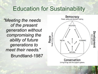 Education for Sustainability "Meeting the needs of the present generation without compromising the ability of future generations to meet their needs. "  Brundtland-1987 