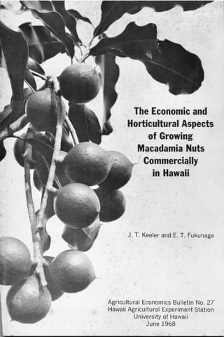 The Economic and
Horticultural Aspects
of Growing
Macadamia Nuts
1
Commercially
in Hawaii
J. T. Keeler and E. T. Fukunaga
Agricultural Economics Bulletin No. 27
Hawaii Agricultural Experiment Station
University of Hawaii
June 1968
 