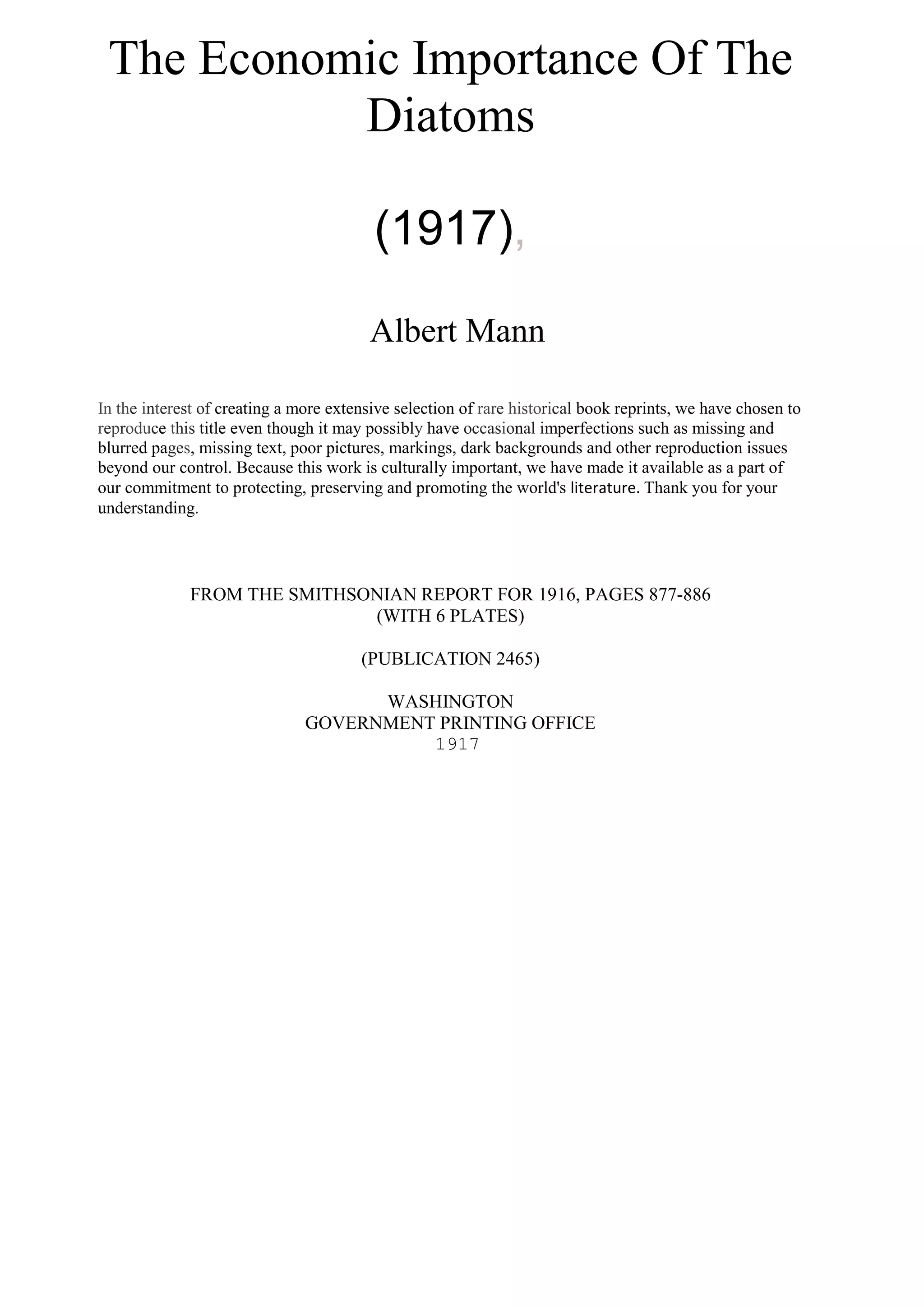 The Economic Importance of the Diatoms - 1917 Albert Mann | PDF