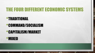 THE FOUR DIFFERENT ECONOMIC SYSTEMS
•TRADITIONAL
•COMMAND/SOCIALISM
•CAPITALISM/MARKET
•MIXED
 