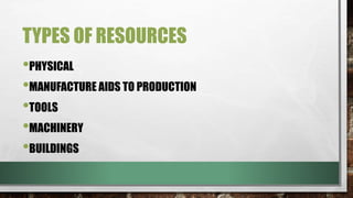 TYPES OF RESOURCES
•PHYSICAL
•MANUFACTURE AIDS TO PRODUCTION
•TOOLS
•MACHINERY
•BUILDINGS
 