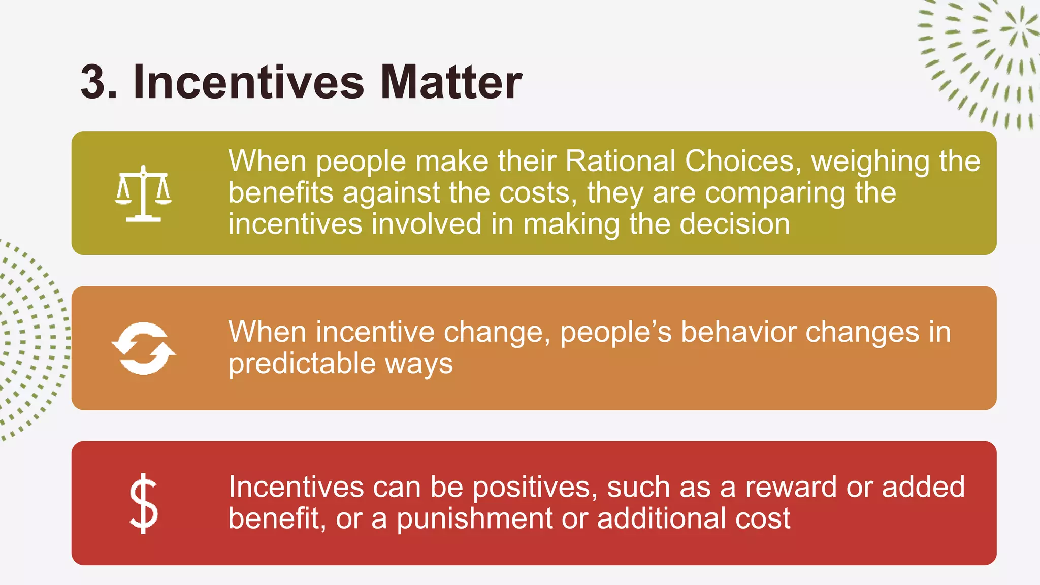 3. Incentives Matter
When people make their Rational Choices, weighing the
benefits against the costs, they are comparing the
incentives involved in making the decision
When incentive change, people’s behavior changes in
predictable ways
Incentives can be positives, such as a reward or added
benefit, or a punishment or additional cost
 