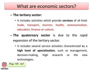 What are economic sectors?
– The tertiary sector:
• It includes activities which provide services of all kind:
trade, transport, tourism, health, communication,
education, finance or culture.
– The quaternary sector is due to the rapid
expansion of the tertiary sector.
• It includes several service activities characterized by a
high level of specialisation, such as management,
decision-making, high research or the new
technologies.
Page 40. Ex1
 