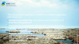 17
The Ecosystem Approach in MSP is a holistic approach
with focus on:
• preserving/restoring (structure and functioning of)
marine ecosystems;
• maintaining ecosystem services to support human
needs;
• providing spatial solutions for management of
human activities in a way that is compatible with
achievement of good environmental status and the
capacity of marine ecosystems to respond to human-
induced changes.
 