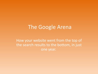 The Google Arena

How your website went from the top of
the search results to the bottom, in just
               one year.
 