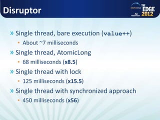 Disruptor
» Single thread, bare execution (value++)
▪ About ~7 milliseconds
» Single thread, AtomicLong
▪ 68 milliseconds (x8.5)
» Single thread with lock
▪ 125 milliseconds (x15.5)
» Single thread with synchronized approach
▪ 450 milliseconds (x56)
 