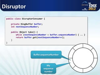 Disruptor
public class DisruptorConsumer {
private RingBuffer buffer;
int nextSequenceNumber;
public Object take() {
while (nextSequenceNumber < buffer.sequenceNumber) { .. }
return buffer.get(nextSequenceNumber++);
}
}
Buffer.sequenceNumber
My
sequence
number
 