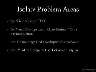 Isolate Problem Areas
• No Sales? No more CEO.
• No Game Development or Game Business? Get a
business partner.
• Less Comm...