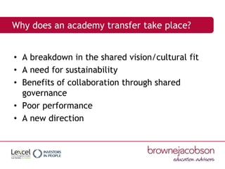 Why does an academy transfer take place?
• A breakdown in the shared vision/cultural fit
• A need for sustainability
• Ben...