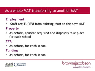 As a whole MAT transferring to another MAT
Employment
• Staff are TUPE’d from existing trust to the new MAT
Property
• As ...