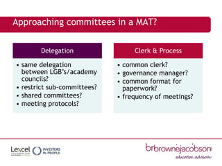 Approaching committees in a MAT?
Delegation
• same delegation
between LGB’s/academy
councils?
• restrict sub-committees?
•...