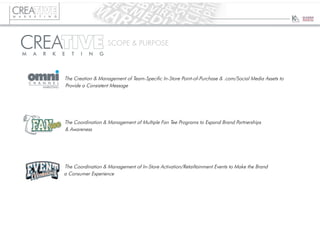 SCOPE & PURPOSE
The Creation & Management of Team-Specific In-Store Point-of-Purchase & .com/Social Media Assets to
Provide a Consistent Message
The Coordination & Management of Multiple Fan Tee Programs to Expand Brand Partnerships
& Awareness
The Coordination & Management of In-Store Activation/Retailtainment Events to Make the Brand
a Consumer Experience
 