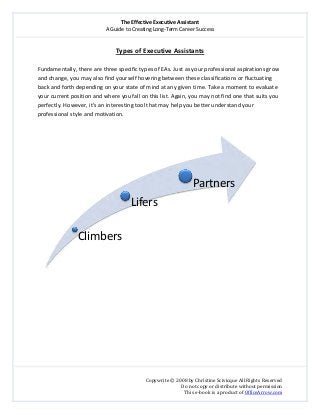 The Effective Executive Assistant 
A Guide to Creating Long‐Term Career Success 
   
 
Copywrite © 2008 by Christine Scivicque All Rights Reserved 
Do not copy or distribute without permission  
This e‐book is a product of OfficeArrow.com 
 
Types of Executive Assistants 
 
Fundamentally, there are three specific types of EAs. Just as your professional aspirations grow 
and change, you may also find yourself hovering between these classifications or fluctuating 
back and forth depending on your state of mind at any given time. Take a moment to evaluate 
your current position and where you fall on this list. Again, you may not find one that suits you 
perfectly. However, it’s an interesting tool that may help you better understand your 
professional style and motivation.  
 
 
 
 
 
 
 
 
 
 
 
 
 
Climbers
Lifers
Partners
 
