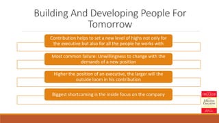 Building And Developing People For
Tomorrow
Contribution helps to set a new level of highs not only for
the executive but also for all the people he works with
Most common failure: Unwillingness to change with the
demands of a new position
Higher the position of an executive, the larger will the
outside loom in his contribution
Biggest shortcoming is the inside focus on the company
 