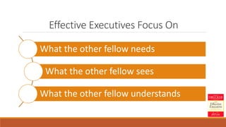 Effective Executives Focus On
What the other fellow needs
What the other fellow sees
What the other fellow understands
 