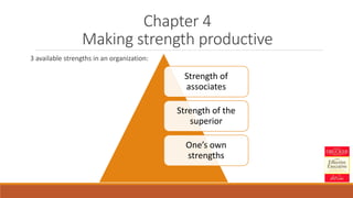Chapter 4
Making strength productive
3 available strengths in an organization:
Strength of
associates
Strength of the
superior
One’s own
strengths
 