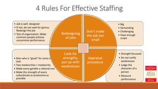 4 Rules For Effective Staffing
• Strength focussed
• Do not notify
weaknesses
• Judge the
character of a
person
• Measure
performance
• Man who is “good” for some one
task
• Two mediocrities < mediocrity
• Make every gamble a rational one
• Make the strength of every
subordinate as productive as
possible
• Big
• Demanding
• Challenging
• Have enough
scope
• Job is well designed
• If not, do not seek for genius.
Redesign the job
• Test of organization: Make
common people achieve
uncommon performance
Redesigning
of jobs
Don’t make
the job too
small
Appraisal
procedure
Look for
strengths,
put up with
weaknesses
 