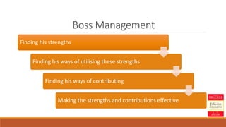 Boss Management
Finding his strengths
Finding his ways of utilising these strengths
Finding his ways of contributing
Making the strengths and contributions effective
 