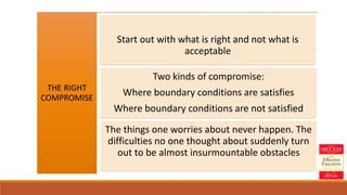 THE RIGHT
COMPROMISE
Start out with what is right and not what is
acceptable
Two kinds of compromise:
Where boundary conditions are satisfies
Where boundary conditions are not satisfied
The things one worries about never happen. The
difficulties no one thought about suddenly turn
out to be almost insurmountable obstacles
 
