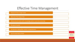 Effective Time Management
Disposal of time in large chunks
Take care of the Impact Time
Relationship formation with a knowledge worker is very time consuming
The span of control
Fast decision making often results in wrong decisions
Law of conservation of time
 