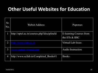 Other Useful Websites for Education
Sr.
No.
Websit Address Puporses
1 http://nptel.ac.in/courses.php?disciplineld E-learning Courses from
the IITs & IISC
2 http://www.vlab.co.in Virtual Lab focus
3 www.spoken-tutorial.com Audio Instruction
4 http://www.scilab.in/Completed_Books#1 Books
24/03/2015 26
 