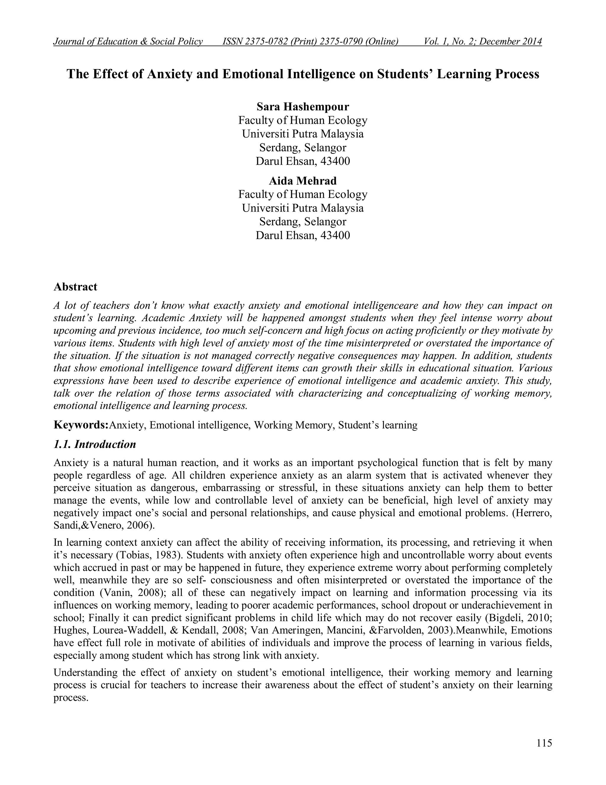 The effect of anxiety and emotional intelligence on students’ learning ...