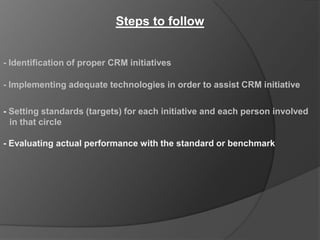 Steps to follow


- Identification of proper CRM initiatives

- Implementing adequate technologies in order to assist CRM initiative

- Setting standards (targets) for each initiative and each person involved
  in that circle

- Evaluating actual performance with the standard or benchmark
 