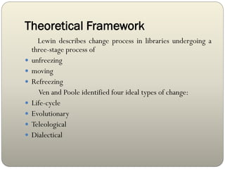 Theoretical Framework
Lewin describes change process in libraries undergoing a
three-stage process of
 unfreezing
 moving
 Refreezing
Ven and Poole identified four ideal types of change:
 Life-cycle
 Evolutionary
 Teleological
 Dialectical
 
