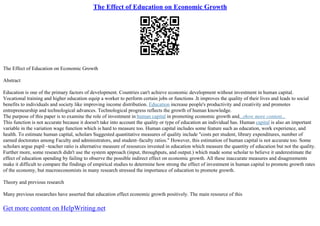 The Effect Of Education On Economic Growth | PDF
