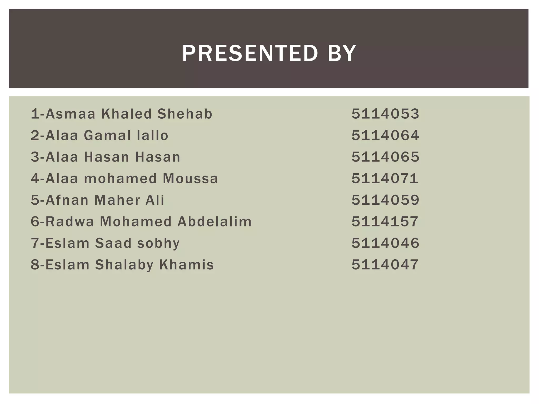 1-Asmaa Khaled Shehab 5114053
2-Alaa Gamal lallo 5114064
3-Alaa Hasan Hasan 5114065
4-Alaa mohamed Moussa 5114071
5-Afnan Maher Ali 5114059
6-Radwa Mohamed Abdelalim 5114157
7-Eslam Saad sobhy 5114046
8-Eslam Shalaby Khamis 5114047
PRESENTED BY
 