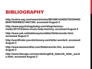 BIBLIOGRAPHY
http://online.wsj.com/news/articles/SB10001424052702304483
804579284682214451364, accessed August 2
http://www.psychologytoday.com/blog/memory-
medic/201312/does-music-help-memory, accessed August 2
http://www.yak.net/kablooey/scrabble/3letterwords.html,
accessed August 2
http://wordfinder.yourdictionary.com/letter-words/4, accessed
August 2
http://www.bestwordlist.com/5letterwords.htm, accessed
August 2
http://www.litscape.com/words/length/6_letters/6_letter_word
s.html, accessed August 2
 