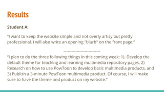 Results
Student A:
“I want to keep the website simple and not overly artisy but pretty
professional. I will also write an opening "blurb" on the front page.”
----------------------------
“I plan to do the three following things in this coming week: 1). Develop the
default theme for teaching and learning multimedia repository pages, 2)
Research on how to use PowToon to develop basic multimedia products, and
3) Publish a 3-minute PowToon multimedia product. Of course, I will make
sure to have the theme and product on my website.”
 