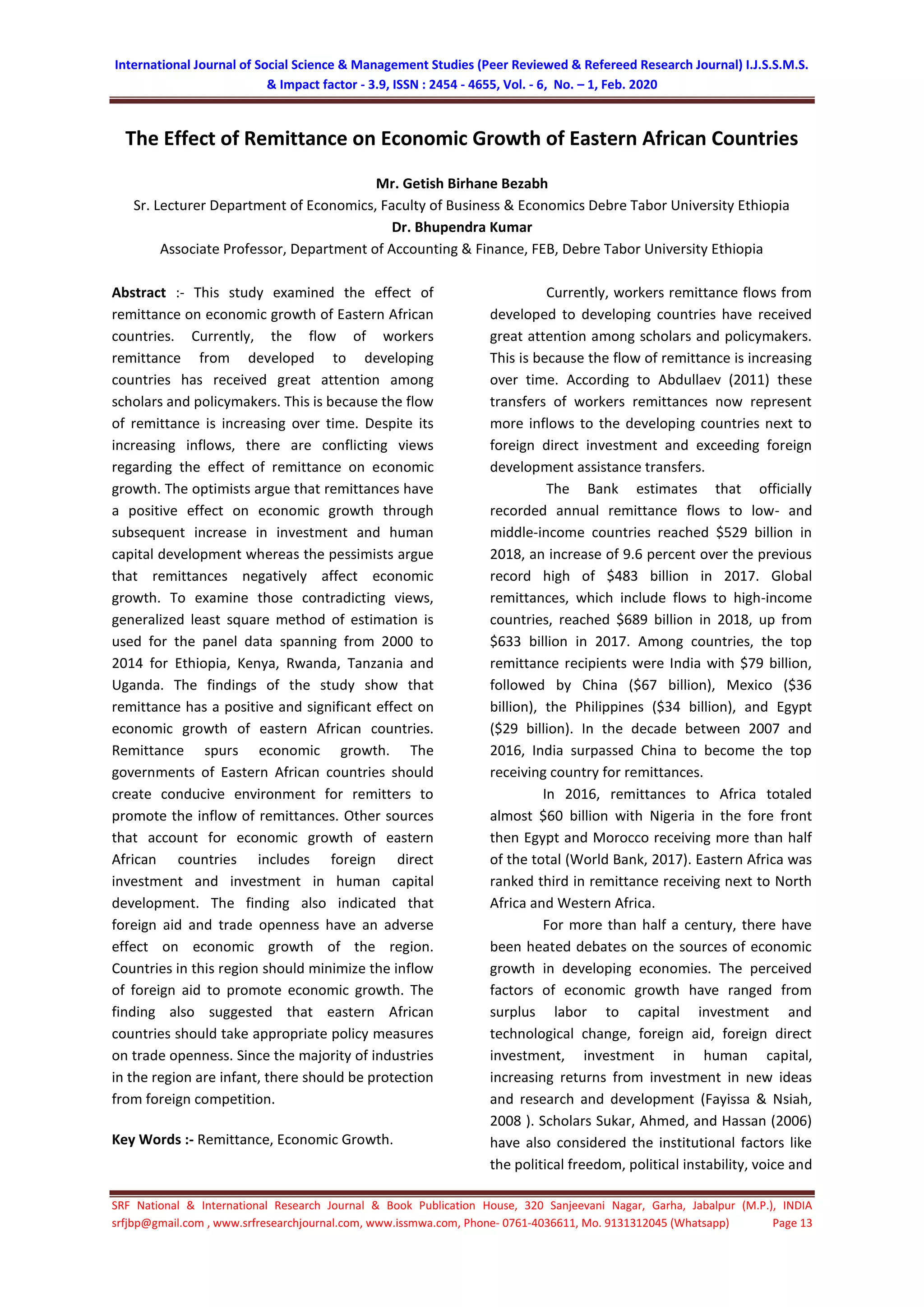 The effect of remittance on economic growth of eastern African ...